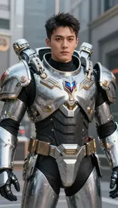 Colossal Silver Armored Enforcer Hero In The Metropolis