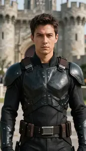 Combat Ready Black Suited Crusader Hero At The Castle