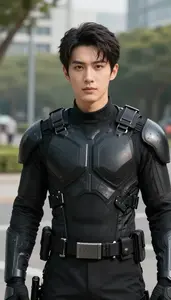 Combat Ready Black Suited Protector Hero In The Park