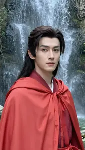 Coral Red Caped Lord Hero At The Waterfall