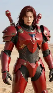 Crimson Armored Colossus Hero In The Desert Landscape