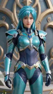 Cyan Armored Guardian Hero On The Hilltop