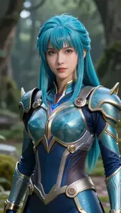Cyan Armored Savior Hero On The Forest Trail