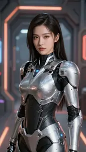 Cybernetic Silver Armored Harbinger Hero In The Corridor