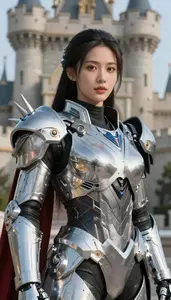 Cybernetic Silver Armored Warden Hero At The Castle