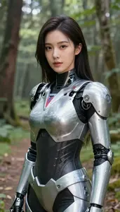 Cybernetic Silver Armored Defender Hero On The Forest Trail