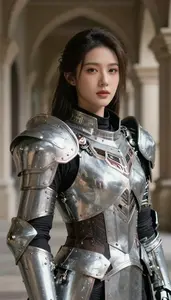 Cybernetic Silver Armored Paladin Hero In The Corridor