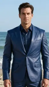 Dark Blue Leather Suited Colossus Hero At The Ocean Shore