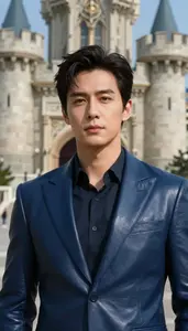 Dark Blue Leather Suited Guardian Hero At The Castle