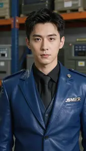 Dark Blue Leather Suited Enforcer Hero In The Warehouse