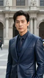 Dark Blue Leather Suited Master Hero In The City Plaza