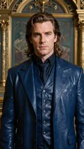 Dark Blue Leather Suited Lord Hero In The Museum