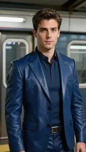 Dark Blue Leather Suited Protector Hero In The Subway