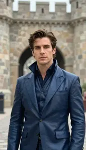 Dark Blue Leather Suited Prince Hero At The Fortress Gate