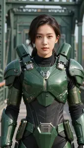 Dark Green Armored Agent Hero On The Bridge