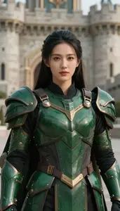 Dark Green Armored Guardian Hero At The Castle