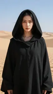 Deep Black Cloaked Harbinger Hero In The Desert Landscape