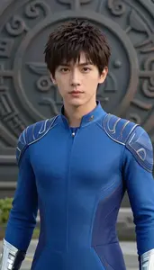 Digital Blue Suited Guardian Hero On The Hilltop