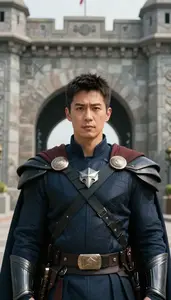 Distinguished Navy Caped Savior Hero At The Fortress Gate