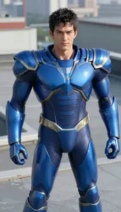 Electric Blue Suited Titan Hero On The Rooftop