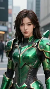 Emerald Green Armored Harbinger Hero In The City Street