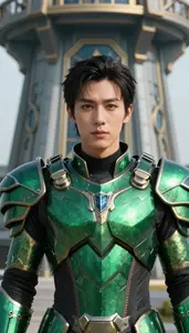Emerald Green Armored Champion Hero At The Observation Tower