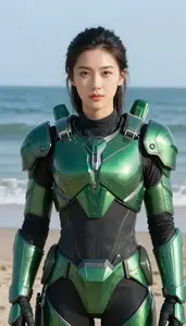 Emerald Green Armored Operative Hero At The Ocean Shore