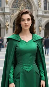 Emerald Green Caped Guardian Hero In The City Plaza