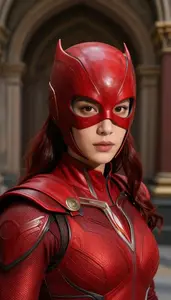 Fiery Red Caped Defender Hero In The Corridor