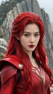 Fiery Red Caped Sentinel Hero On The Mountain Peak