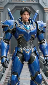 Fluid Water Blue Armored Titan Hero On The Bridge