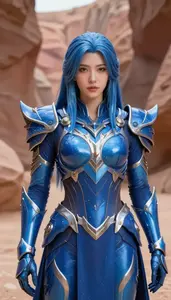 Fluid Water Blue Armored Harbinger Hero In The Canyon