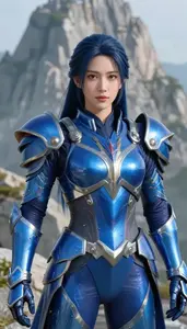 Fluid Water Blue Armored Crusader Hero On The Mountain Peak