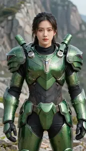 Forest Green Armored Defender Hero On The Mountain Peak