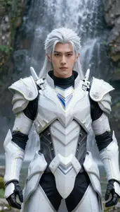 Frost White Armored Champion Hero At The Waterfall