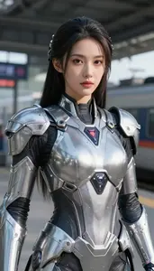 Futuristic Silver Armored Warrior Hero At The Train Station