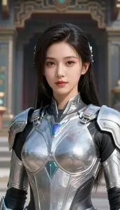 Futuristic Silver Armored Specialist Hero At The Temple