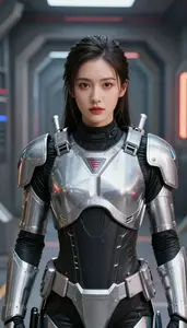 Futuristic Silver Armored Enforcer Hero In The Corridor