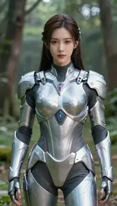 Futuristic Silver Armored Protector Hero On The Forest Trail