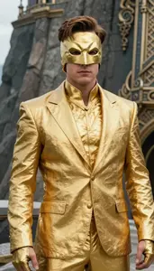 Gilded Gold Suited Vigilante Hero On The Cliff