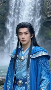Glacial Ice Blue Caped Sentinel Hero At The Waterfall