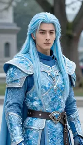 Glacial Ice Blue Caped Paladin Hero In The Public Park