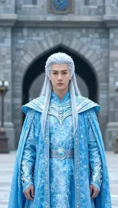 Glacial Ice Blue Caped Lord Hero At The Fortress Gate