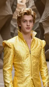 Glowing Yellow Suited Prince Hero In The Canyon