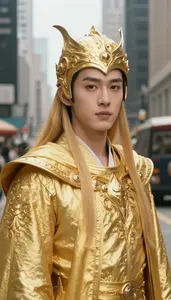 Golden Yellow Caped Master Hero In The Downtown District