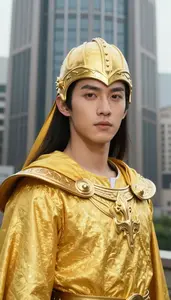 Golden Yellow Caped Warrior Hero At The Downtown Tower