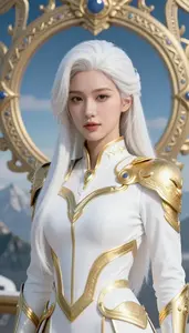 Graceful White And Gold Champion Hero On The Mountain Peak