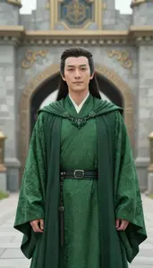 Green Cloaked Lord Hero At The Fortress Gate