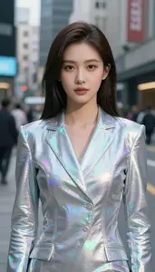 Holographic Silver Suited Fighter Hero In The City Street
