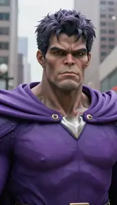 Immense Purple Caped Titan Hero In The Downtown District